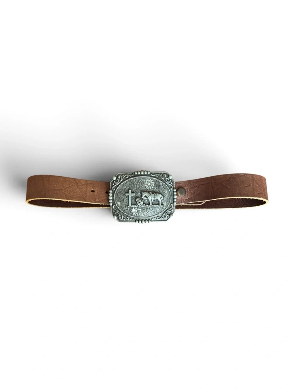 F & L Classic Cowboy Kneeling Prayer Horse SilverBuckle Leather Belt Sz 32
